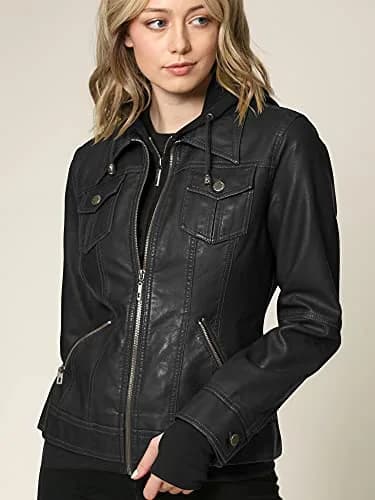 Lock and Love LL WJC664 Women's Faux Leather Moto Biker Jacket with Removable Hood – Zip Up Slim Fit Short Coat with Pockets S BLACK | Edgy & Practical thumbnail 3