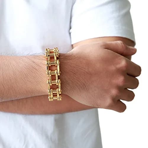 COOLSTEELANDBEYOND Mens Gold-tone Stainless Steel Bike Chain Bracelet | Rugged Industrial Link Jewelry for Men thumbnail 5
