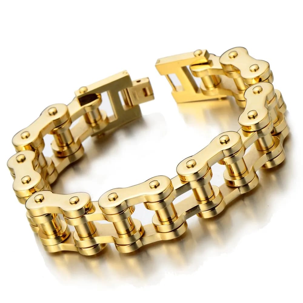 COOLSTEELANDBEYOND Mens Gold-tone Stainless Steel Bike Chain Bracelet | Rugged Industrial Link Jewelry for Men