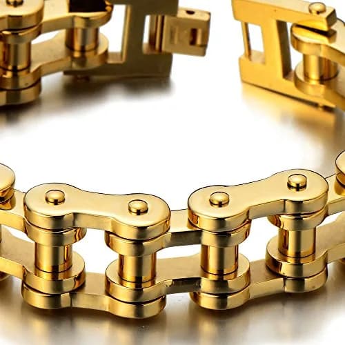 COOLSTEELANDBEYOND Mens Gold-tone Stainless Steel Bike Chain Bracelet | Rugged Industrial Link Jewelry for Men thumbnail 3
