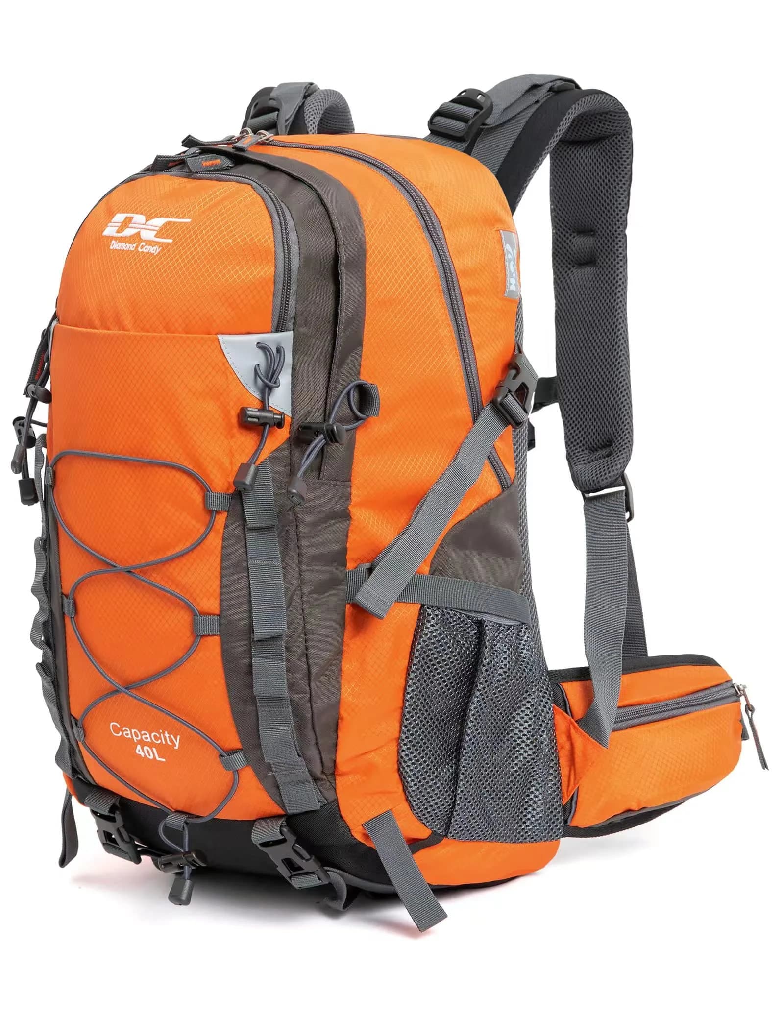 Diamond Candy 40L Hiking Backpack Waterproof Daypack for Men and Women | 40L Capacity, Waterproof Nylon, Breathable Mesh, Multiple Compartments — Orange
