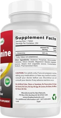 Best Naturals L-Glutamine 500 mg | 250 Tablets for Muscle & Gut Support, Unflavored thumbnail 6