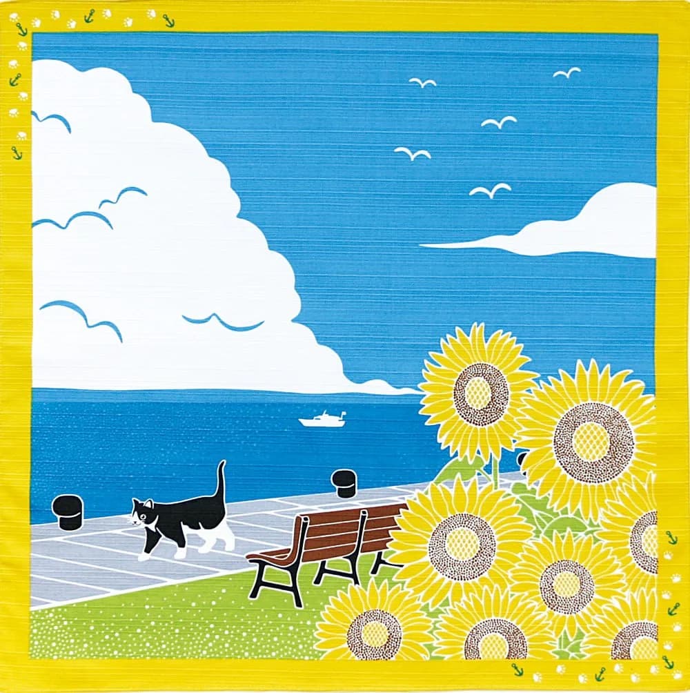 Yamaco Tama Walk Furoshiki Wrapping Cloth 50cm (19.7 x 19.7 inches) | Sunflower Cat Design for Room Decor — Sunflower