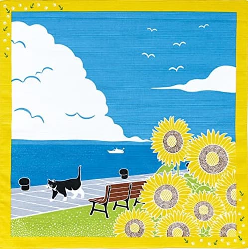 Yamaco Tama Walk Furoshiki Wrapping Cloth 50cm (19.7 x 19.7 inches) | Sunflower Cat Design for Room Decor thumbnail 1