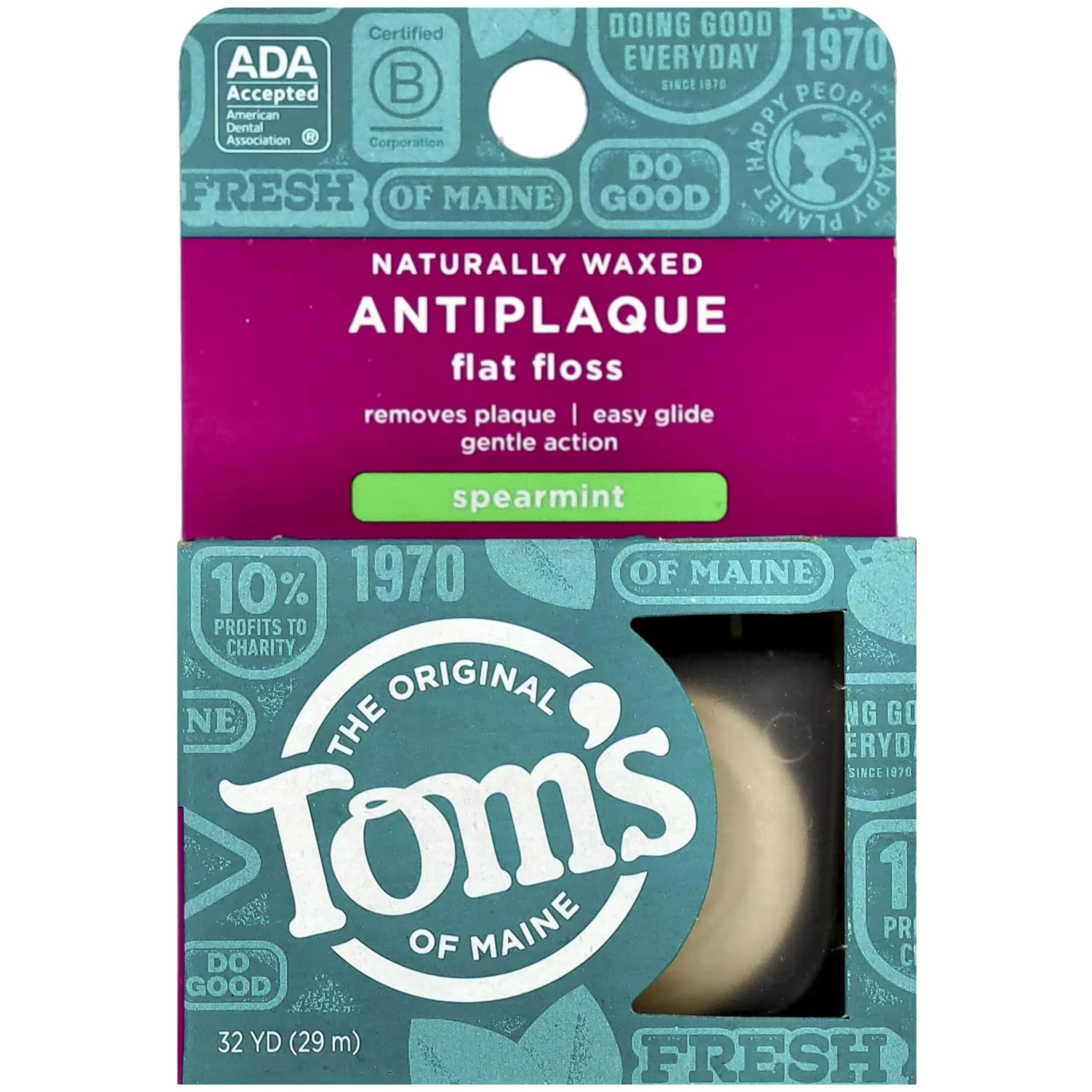 Tom's of Maine Natural Waxed Antiplaque Flat Floss Spearmint 192 Foot (Pack of 2) | ADA Accepted - main product image