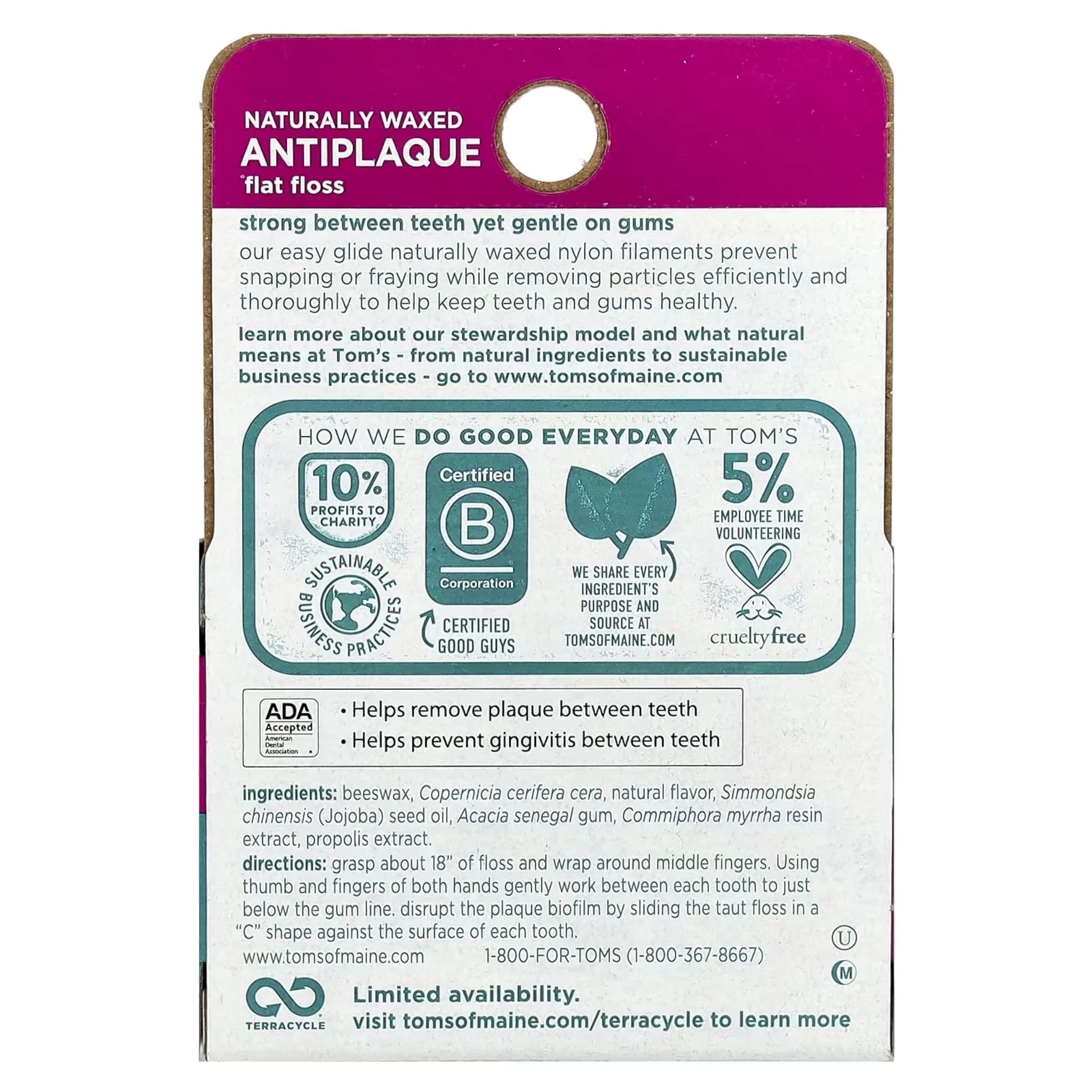 Tom's of Maine Natural Waxed Antiplaque Flat Floss Spearmint 192 Foot (Pack of 2) | ADA Accepted - view 8