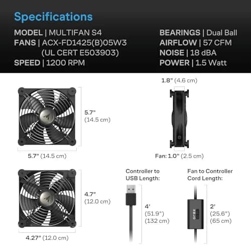 AC Infinity MULTIFAN S4 Quiet 140mm USB Fan | UL-Certified for Electronics & Consoles thumbnail 6