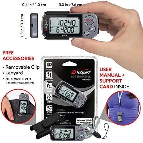 Realalt 3DTriSport Pedometer with Clip & Strap, Accurate Step Counter 30-Day Memory 1.7-inch Display | Tracks Steps, Distance, Calories thumbnail 4