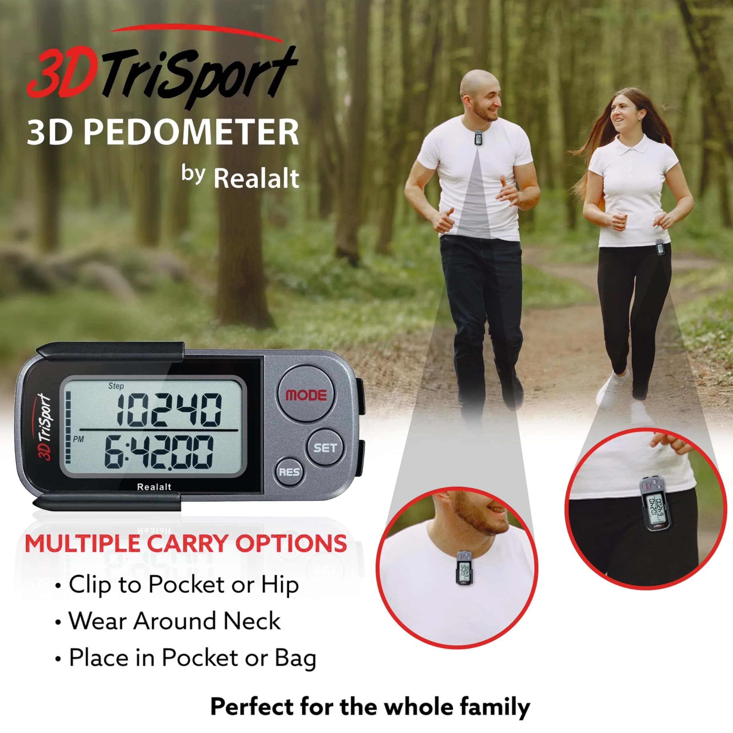 Realalt 3DTriSport Pedometer with Clip & Strap, Accurate Step Counter 30-Day Memory 1.7-inch Display | Tracks Steps, Distance, Calories - view 5