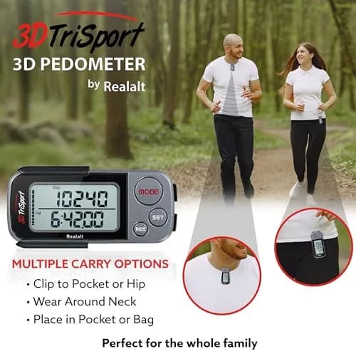 Realalt 3DTriSport Pedometer with Clip & Strap, Accurate Step Counter 30-Day Memory 1.7-inch Display | Tracks Steps, Distance, Calories thumbnail 5