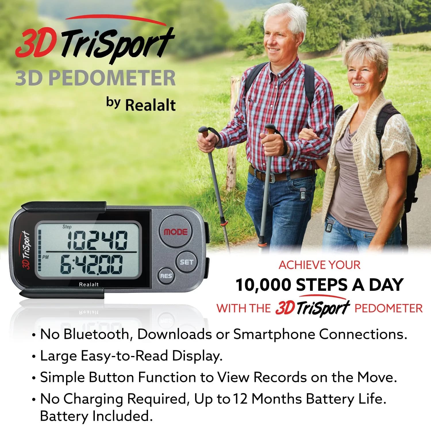 Realalt 3DTriSport Pedometer with Clip & Strap, Accurate Step Counter 30-Day Memory 1.7-inch Display | Tracks Steps, Distance, Calories - view 6