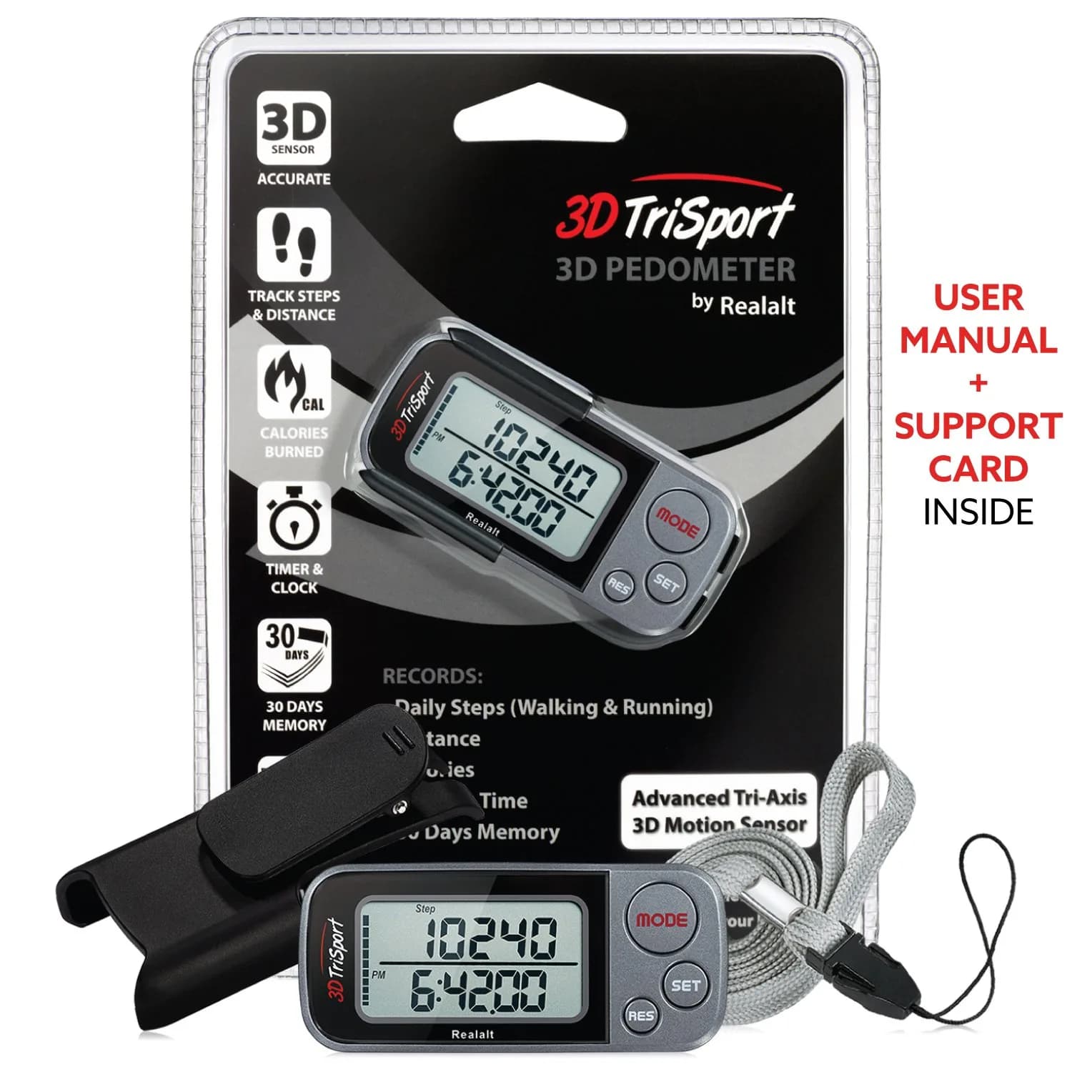 Realalt 3DTriSport Pedometer with Clip & Strap, Accurate Step Counter 30-Day Memory 1.7-inch Display | Tracks Steps, Distance, Calories - view 7