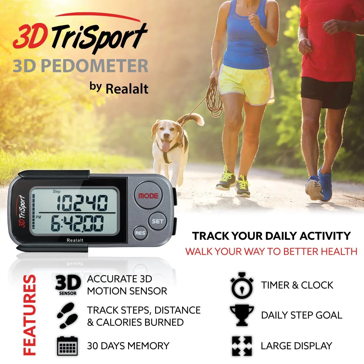 Realalt 3DTriSport Pedometer with Clip & Strap, Accurate Step Counter 30-Day Memory 1.7-inch Display | Tracks Steps, Distance, Calories - view 2