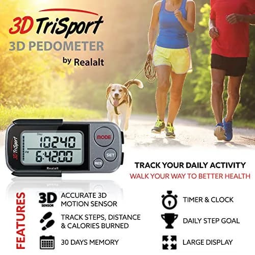 Realalt 3DTriSport Pedometer with Clip & Strap, Accurate Step Counter 30-Day Memory 1.7-inch Display | Tracks Steps, Distance, Calories thumbnail 2