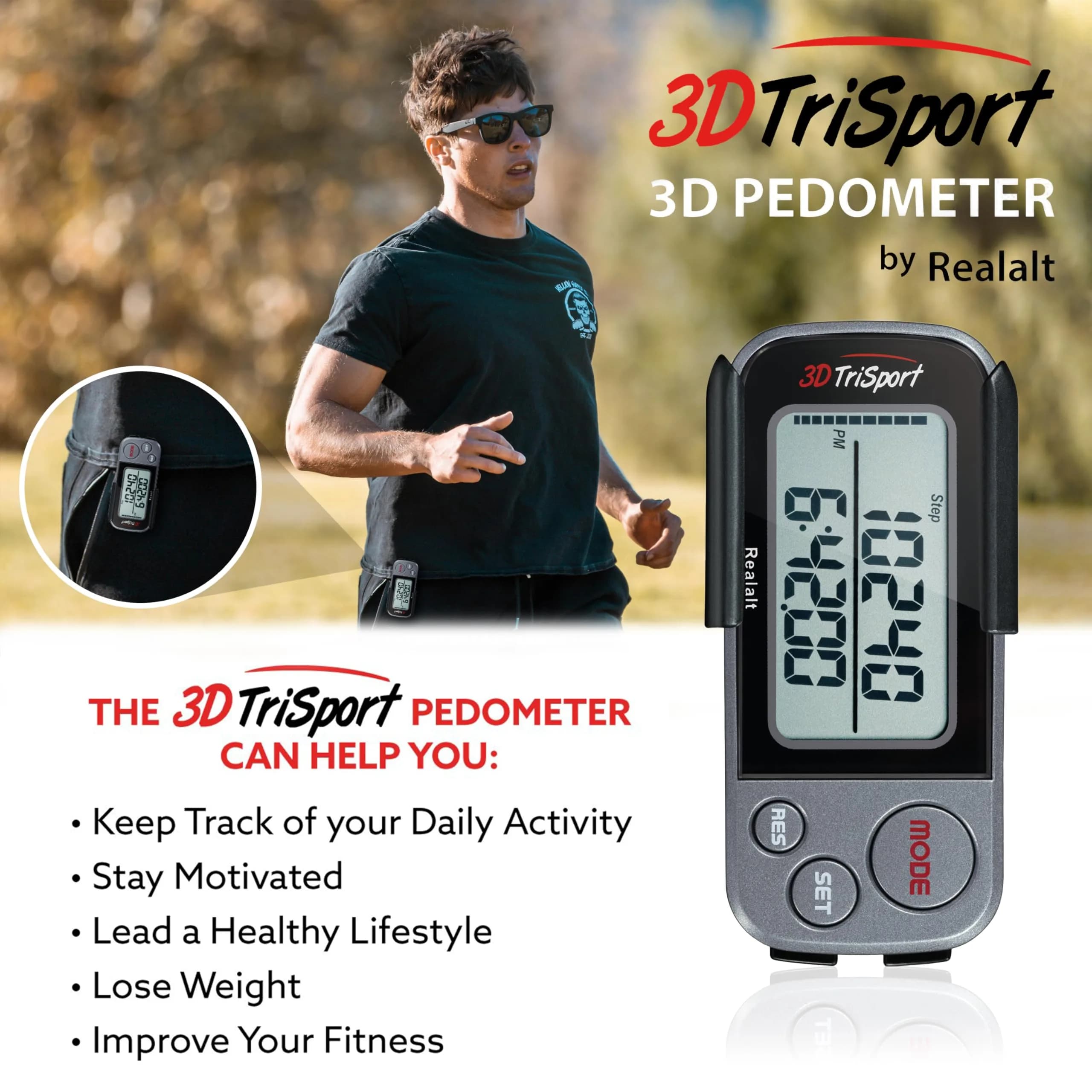 Realalt 3DTriSport Pedometer with Clip & Strap, Accurate Step Counter 30-Day Memory 1.7-inch Display | Tracks Steps, Distance, Calories - view 3