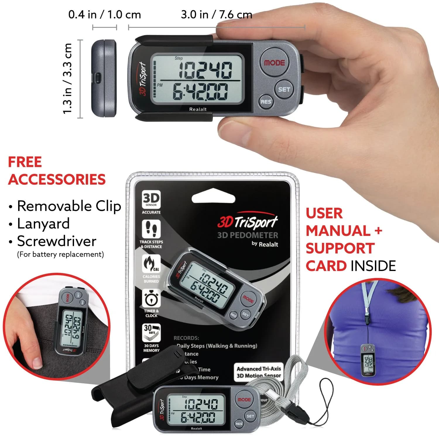 Realalt 3DTriSport Pedometer with Clip & Strap, Accurate Step Counter 30-Day Memory 1.7-inch Display | Tracks Steps, Distance, Calories - view 4