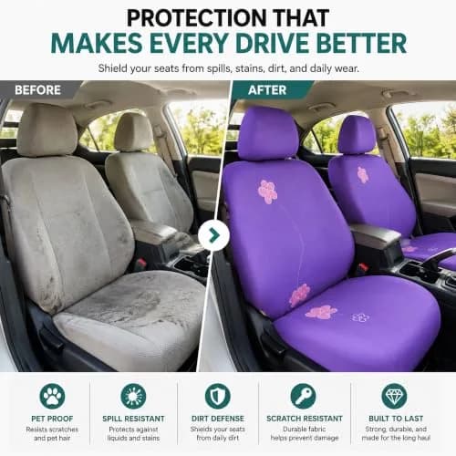 FH Group Full Set Cloth Car Seat Covers - Universal Fit, Low Back, Airbag Compatible, Washable, Purple thumbnail 8