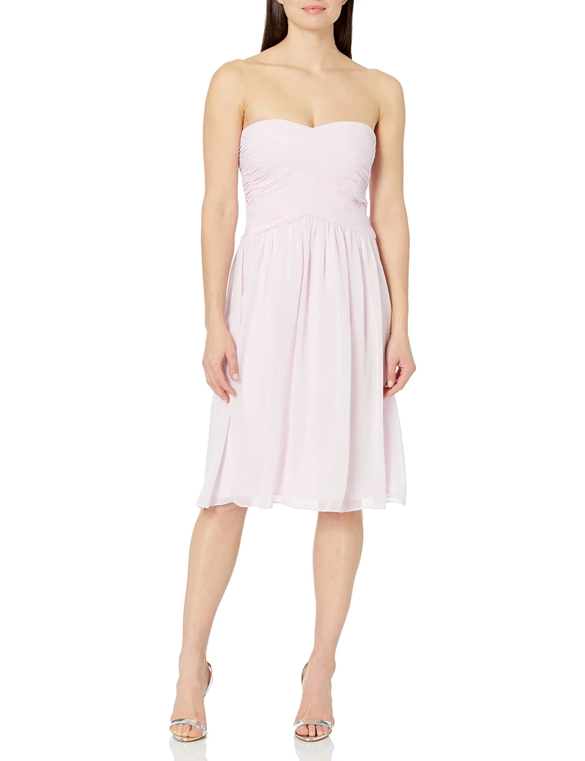 Donna Morgan Anne Short Strapless Chiffon Dress Petal 14 | Knee-Length, Sweetheart Neck, Pink