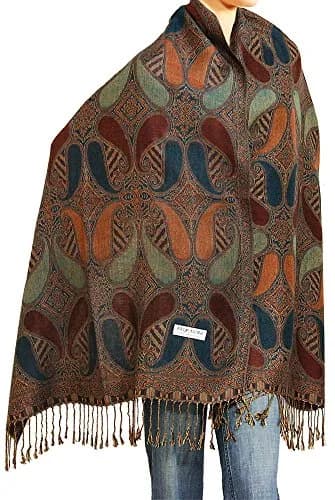 Falari Women's Woven Pashmina Shawl Wrap Scarf 80" x 27" Brown Navy | Elegant & Warm thumbnail 1