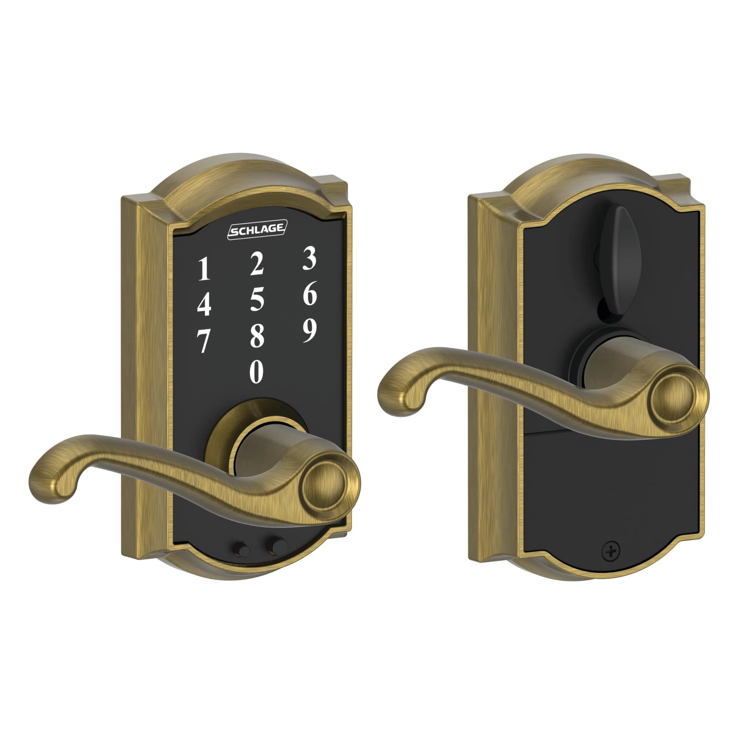 Schlage Touch Electronic Lock, Lever Handle, Camelot Trim, Antique Brass | Keyless Touchscreen Entry