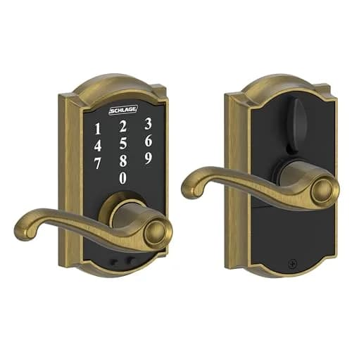Schlage Touch Electronic Lock, Lever Handle, Camelot Trim, Antique Brass | Keyless Touchscreen Entry thumbnail 1