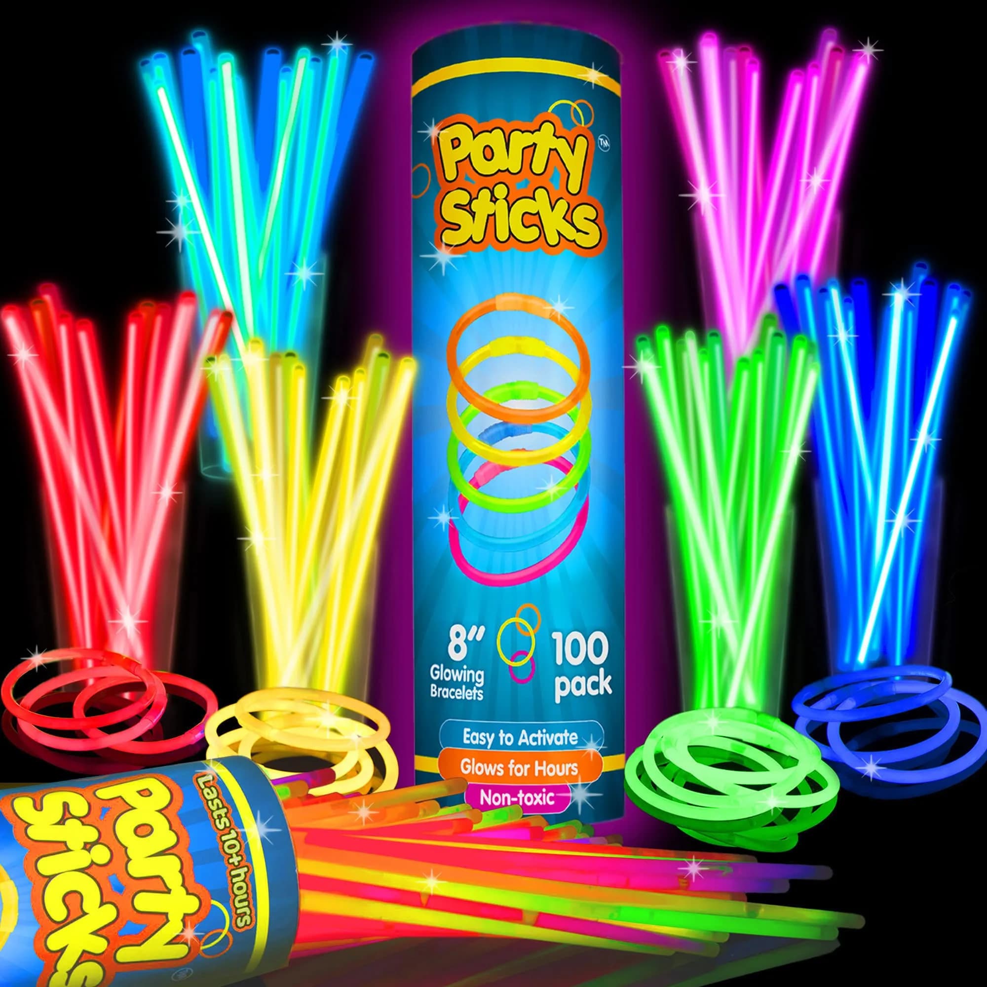 PartySticks 100pk Glow Sticks Assorted Colors Value Pack | Bright Multi-Color Party Favors - main product image