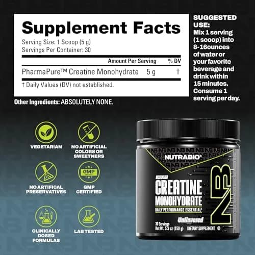 NutraBio Pure Micronized Creatine Monohydrate Powder Supplement, Unflavored (150 g) | Supports Muscle Energy & Recovery thumbnail 3