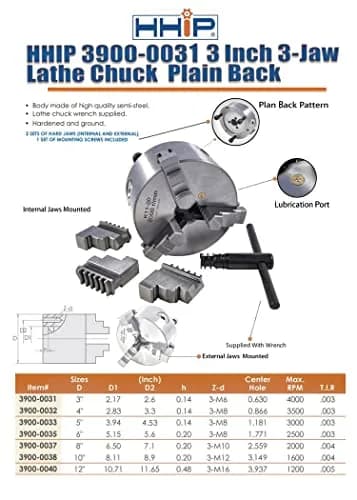 HHIP 3900-0031 3 Inch 3-Jaw Lathe Chuck, Plain Back | High-Quality Semi-Steel, Hardened & Ground thumbnail 7