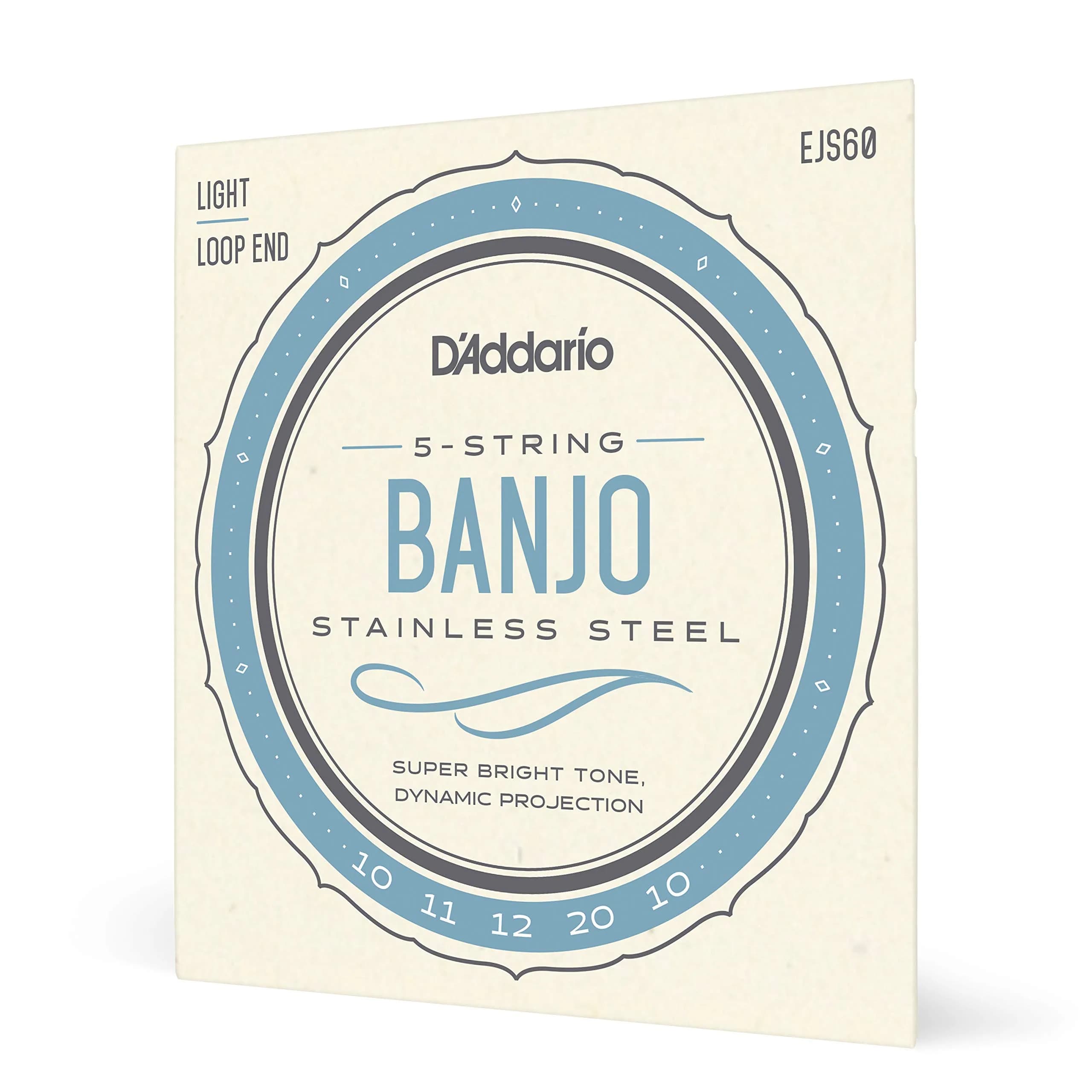 D'Addario Banjo Strings, Stainless Steel, EJS60 Light Gauge 10-20, 5-String Set | Bright Tone, Smooth Feel — Silver