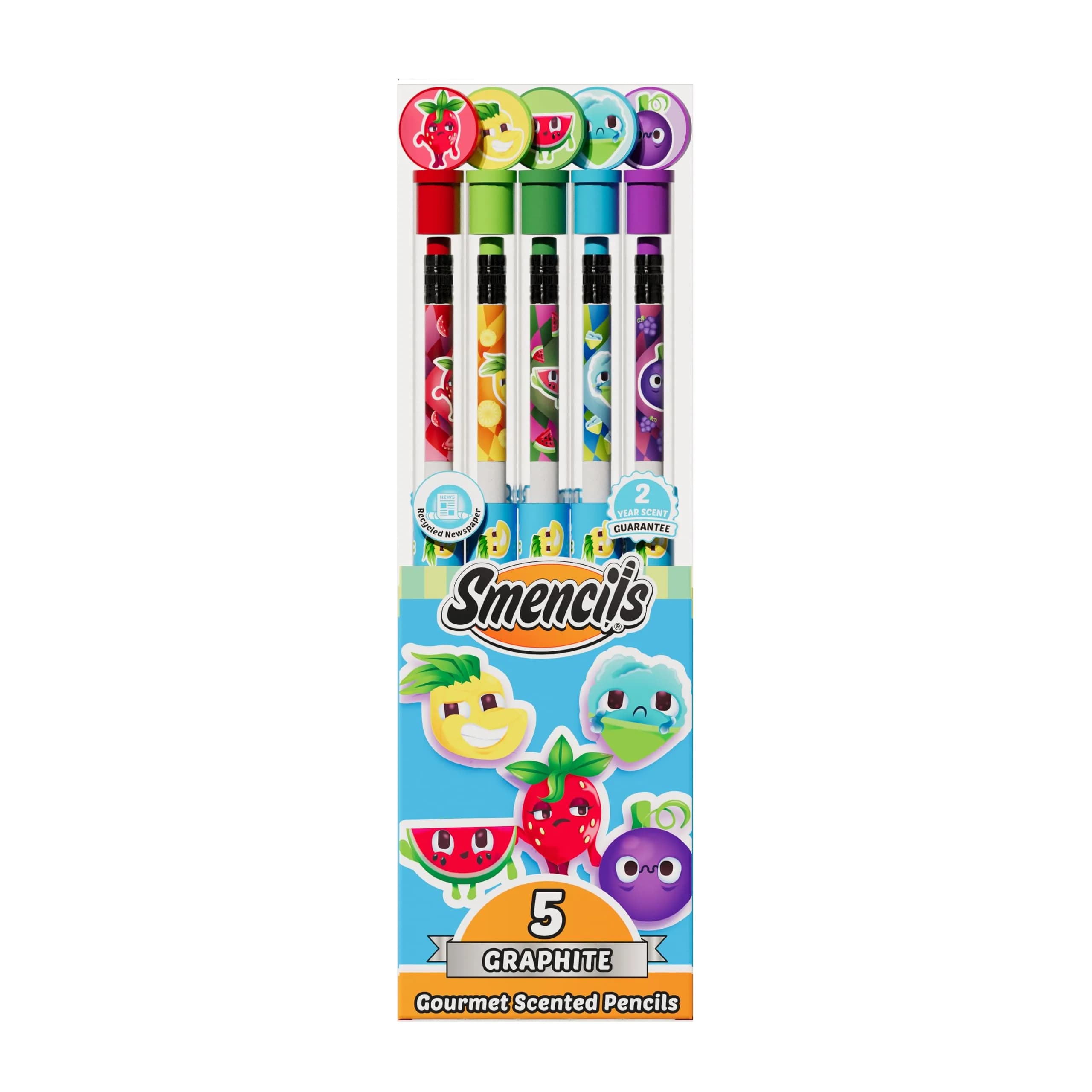 Scentco Smencils Graphite 5-Pack HB #2 Scented Pencils | Recycled Newspaper, 2-Year Scent Guarantee — Original