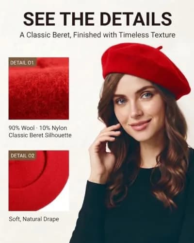ZLYC Wool Beret Hat Classic Solid Color French Beret for Women Red | Warm, Stylish & Comfortable thumbnail 5