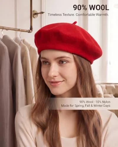 ZLYC Wool Beret Hat Classic Solid Color French Beret for Women Red | Warm, Stylish & Comfortable thumbnail 2