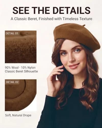 ZLYC Wool Beret Hat Classic Solid Color French Beret for Women Brown | Warm, Stylish & Comfortable thumbnail 5