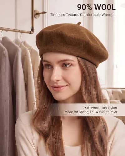 ZLYC Wool Beret Hat Classic Solid Color French Beret for Women Brown | Warm, Stylish & Comfortable thumbnail 2