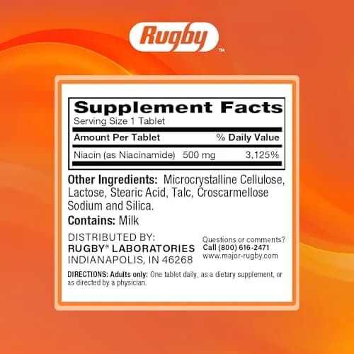 Rugby Niacinamide 500 mg Tablets | No Artificial Flavors, 100 Count (1-Pack) thumbnail 7