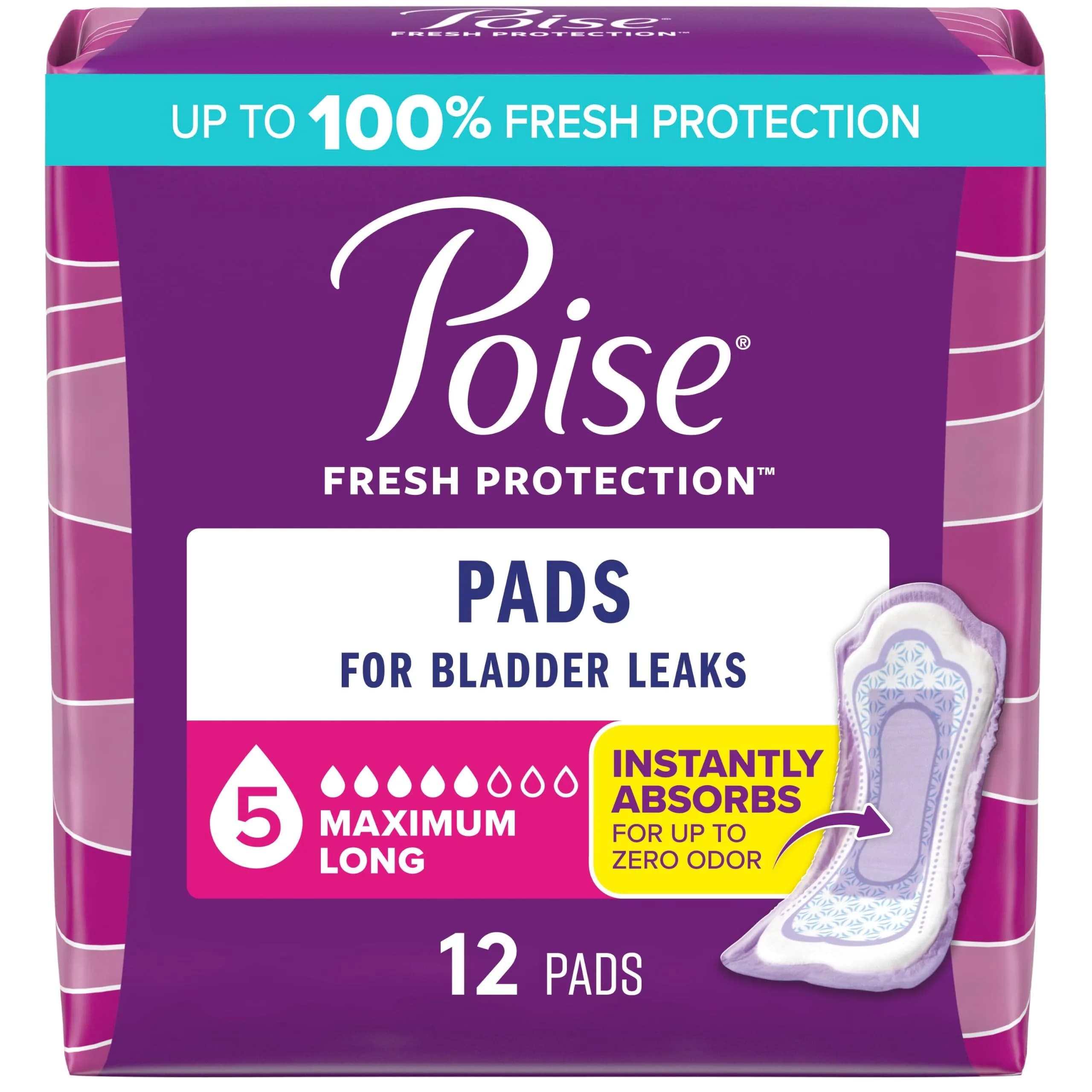 Poise Maximum Absorbency Incontinence Pads, Long Length, 12 Count | 12 Hours Odor Control - main product image