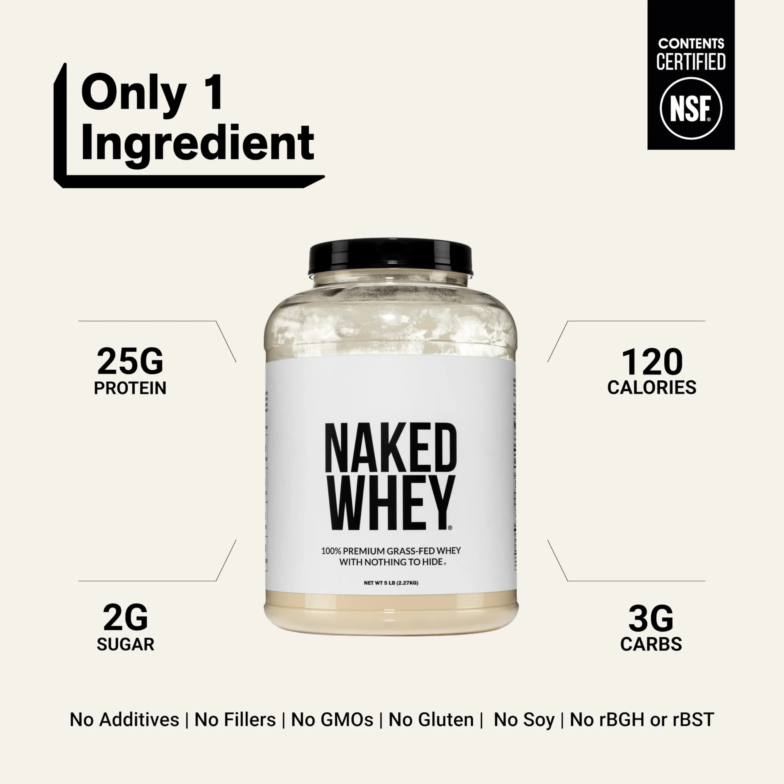 NAKED Whey 5LB Unflavored Grass Fed Protein Powder | NSF Certified, 25g Protein Per Serving thumbnail 3