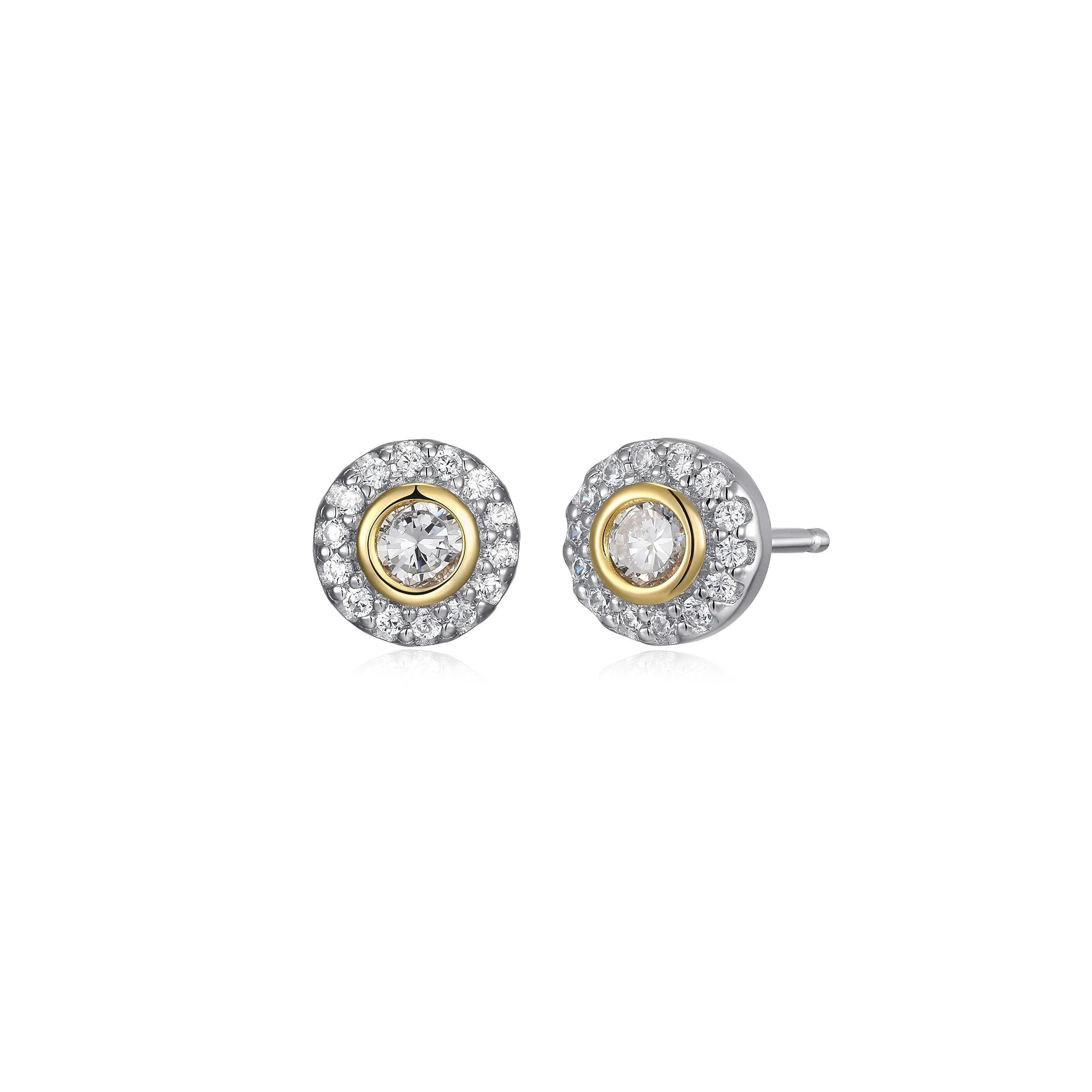 Morgan & Paige Silver 18k Yellow Gold Plated CZ Halo Stud Earrings | Two-Tone Elegant Jewelry