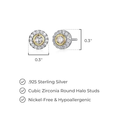 Morgan & Paige Silver 18k Yellow Gold Plated CZ Halo Stud Earrings | Two-Tone Elegant Jewelry thumbnail 3