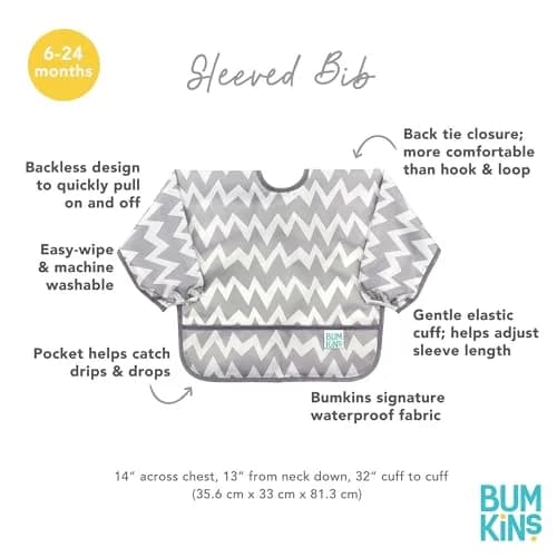 Bumkins Gray Chevron Sleeved Bib for Babies & Toddlers 6-24 Months | Mess-Saving Food Catcher with Waterproof Fabric thumbnail 5