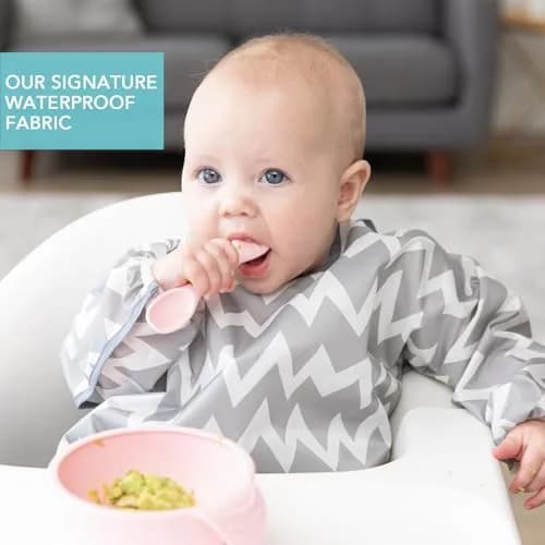 Bumkins Gray Chevron Sleeved Bib for Babies & Toddlers 6-24 Months | Mess-Saving Food Catcher with Waterproof Fabric thumbnail 3