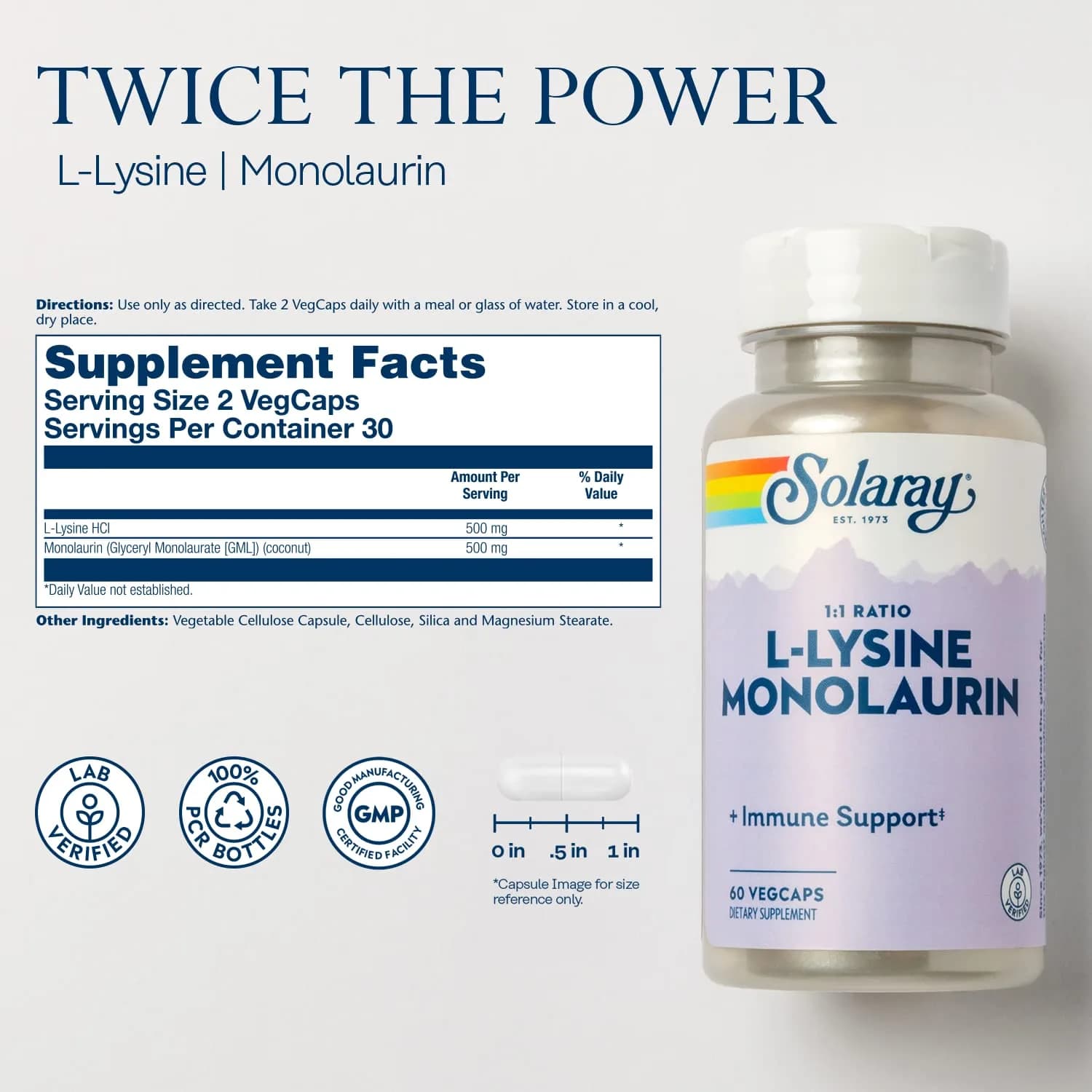 SOLARAY L-Lysine Monolaurin Immune Support Supplement 1,000 mg (500 mg Each) 60 VegCaps | Supports Immune System & Gut Health - view 2