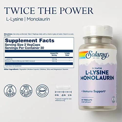 SOLARAY L-Lysine Monolaurin Immune Support Supplement 1,000 mg (500 mg Each) 60 VegCaps | Supports Immune System & Gut Health thumbnail 2