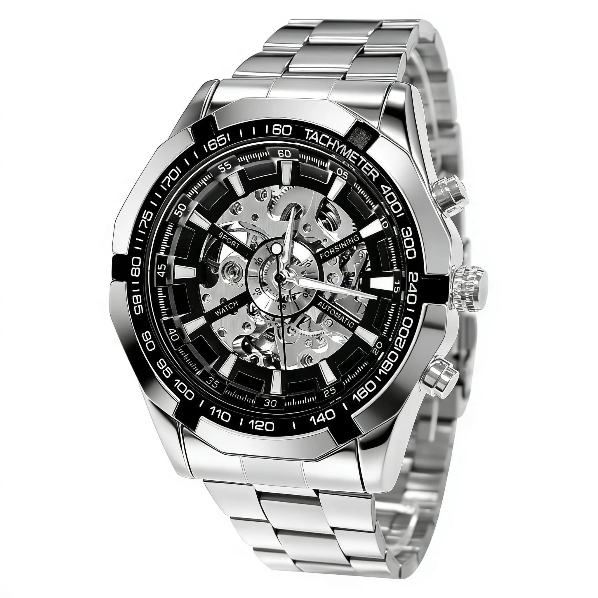 Gute Mechanical Skeleton Watch Self-Winding Stainless Steel Silver | Automatic Men's Wristwatch with 45mm Dial — Silver