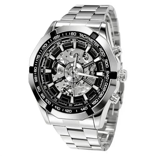 Gute Mechanical Skeleton Watch Self-Winding Stainless Steel Silver | Automatic Men's Wristwatch with 45mm Dial thumbnail 1