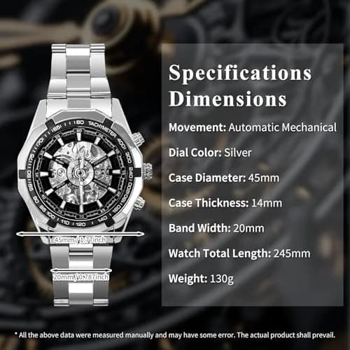Gute Mechanical Skeleton Watch Self-Winding Stainless Steel Silver | Automatic Men's Wristwatch with 45mm Dial thumbnail 4