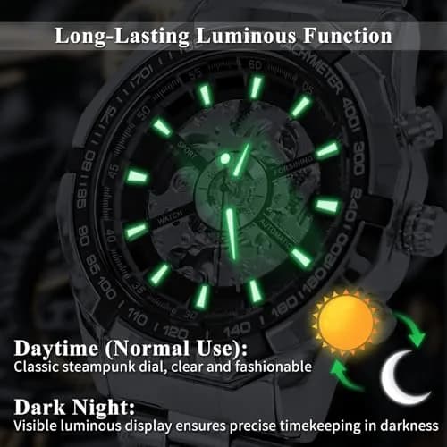 Gute Mechanical Skeleton Watch Self-Winding Stainless Steel Silver | Automatic Men's Wristwatch with 45mm Dial thumbnail 7