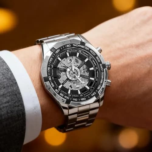 Gute Mechanical Skeleton Watch Self-Winding Stainless Steel Silver | Automatic Men's Wristwatch with 45mm Dial thumbnail 8