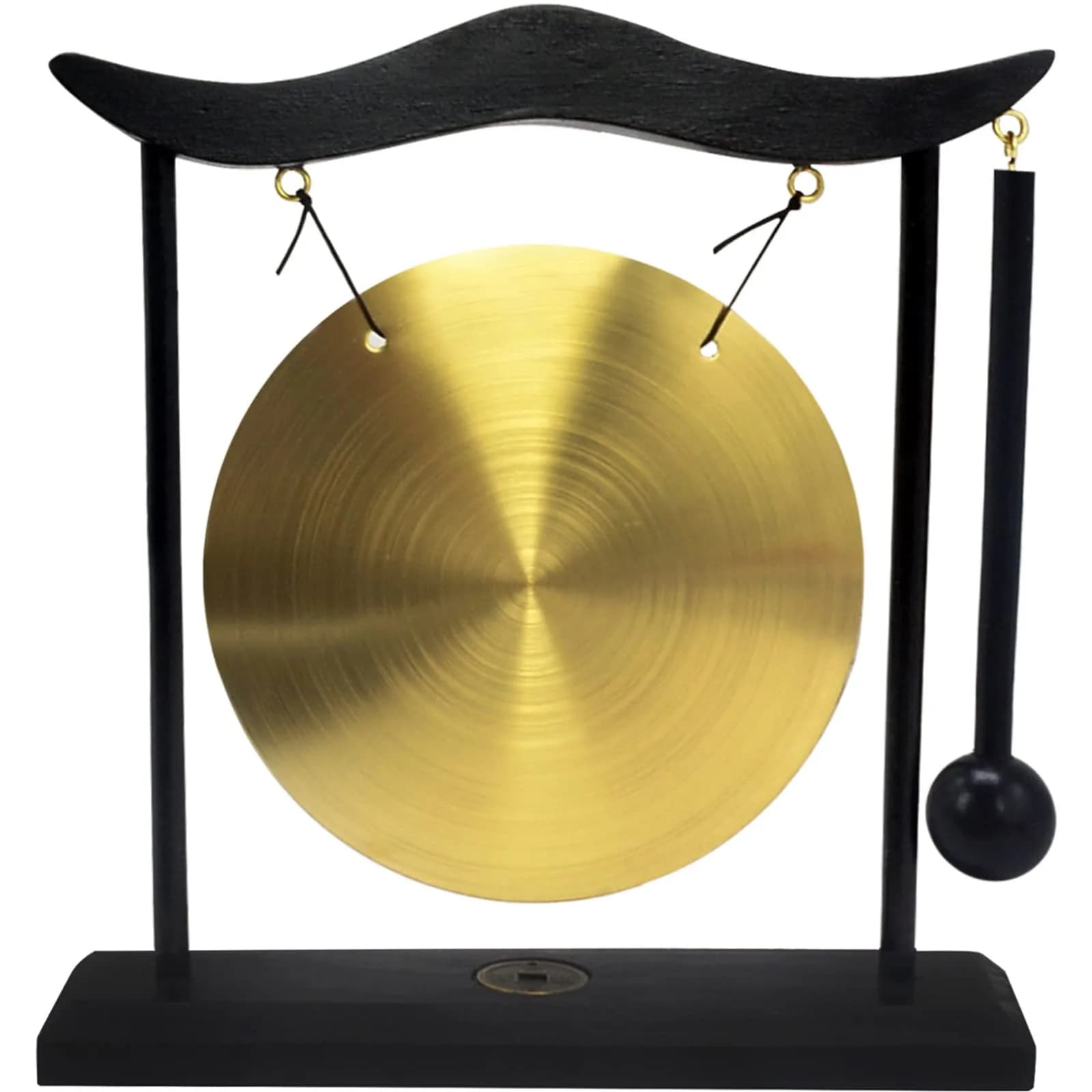Feng Shui Brass Gong Desktop Zen Art with Wooden Stand & Red String Bracelet | 20cm (8in) Height - main product image
