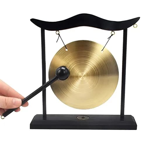 Feng Shui Brass Gong Desktop Zen Art with Wooden Stand & Red String Bracelet | 20cm (8in) Height thumbnail 4